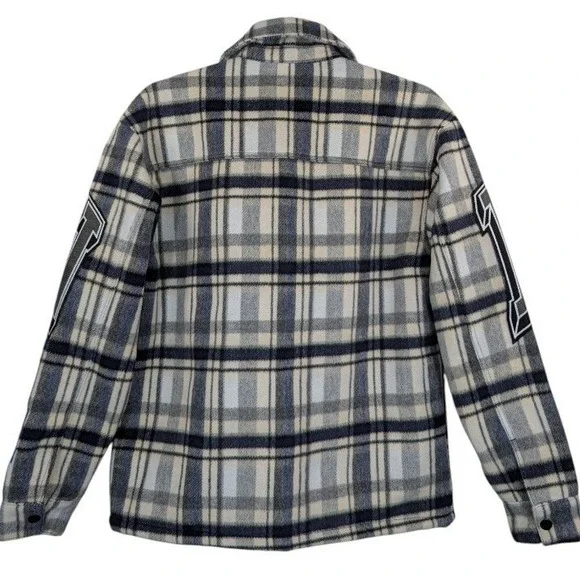 First Row‎ Sporting Logo Multi Patch Jacket Button Up Flannel Mens Medium - Picture 2 of 5